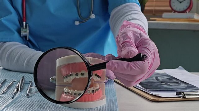 Detailed examination of dental braces model in a clinical setting with tools and documentation