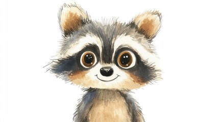 Cute raccoon portrait, watercolor style, white background, children's book illustration