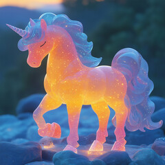 iridiscent luminous crystal unicorn horse on a blue background