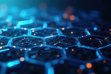 Exploring the Intricate Patterns of a High-Tech Hexagonal Surface with Luminous Elements, Capturing the Essence of Modern Digital Design in a Futuristic Environment