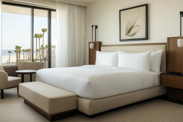 Experience the elegance of a luxury coastal Malibu style hotel room featuring a plush king bed, refined beige accents, and stunning views of California's coastline