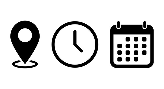 Time, date and address icon set. Calendar, clock, location. Editable stroke. Linear vector outline illustration. Vector illustration.