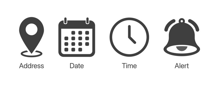 Time, date and address icon set. Calendar, clock, location. Editable stroke. Linear vector outline illustration. Vector illustration.