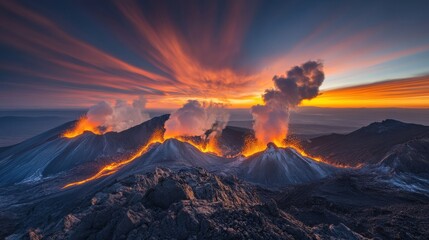 Fototapeta premium A dramatic volcanic landscape with steam rising from geothermal vents.