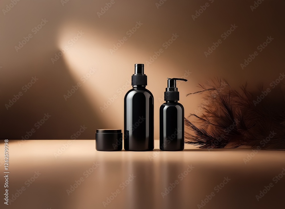 Poster Black cosmetic bottles and jar set with pump and spray, styled with a feather on a neutral brown background in soft light.