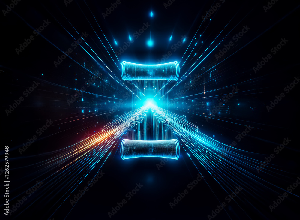 Aufkleber Abstract geometric form with bright blue and orange light rays emanating from its center on a black backdrop, creating a futuristic, technological feel.