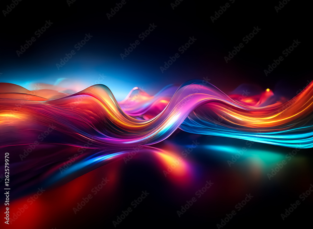 Poster Abstract flowing waves of vibrant colors illuminated against a dark backdrop, creating a dynamic and energetic visual with a reflective surface.