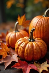 Ornate pumpkins nestled amongst vibrant fall leaves , orange, photography, decoration