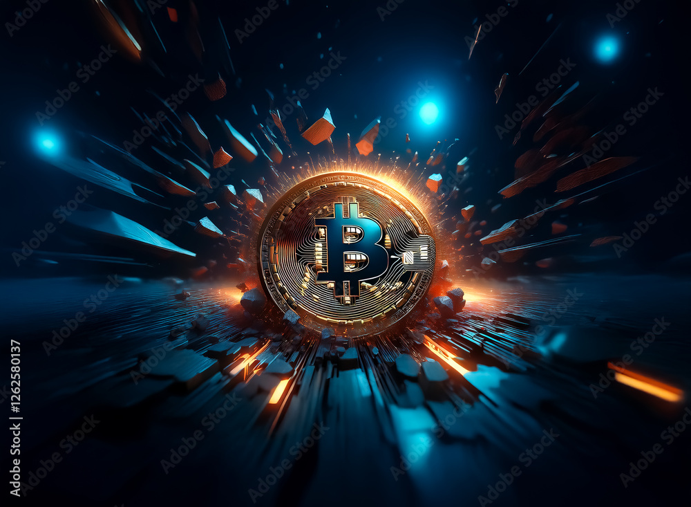 Aufkleber a central bitcoin coin appears to burst outward with powerful force, breaking into fragments with gl