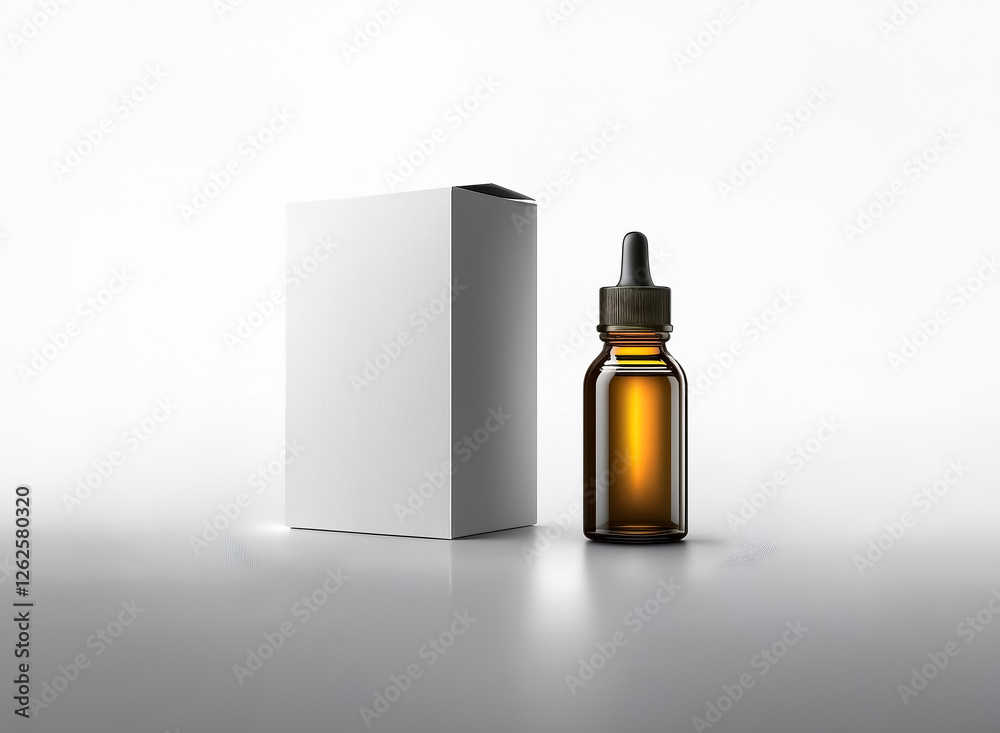 Poster Amber bottle with dropper and blank white box on a plain surface. Simple product shot with clean aesthetic, perfect for mock-up presentation.