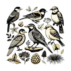 classic hand-drawn bird set vintage