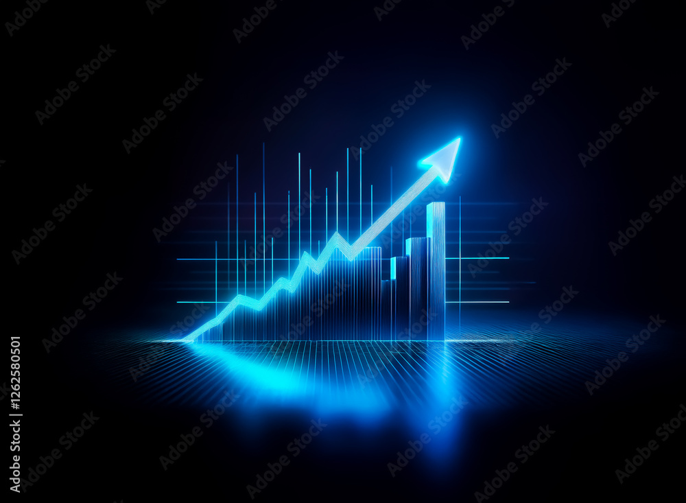 Aufkleber A luminous blue bar chart with an arrow ascends diagonally against a dark backdrop, symbolizing progress and positive growth in a digital style.