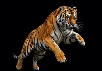 Obraz premium Powerful Tiger in Mid-Leap Against a Black Background