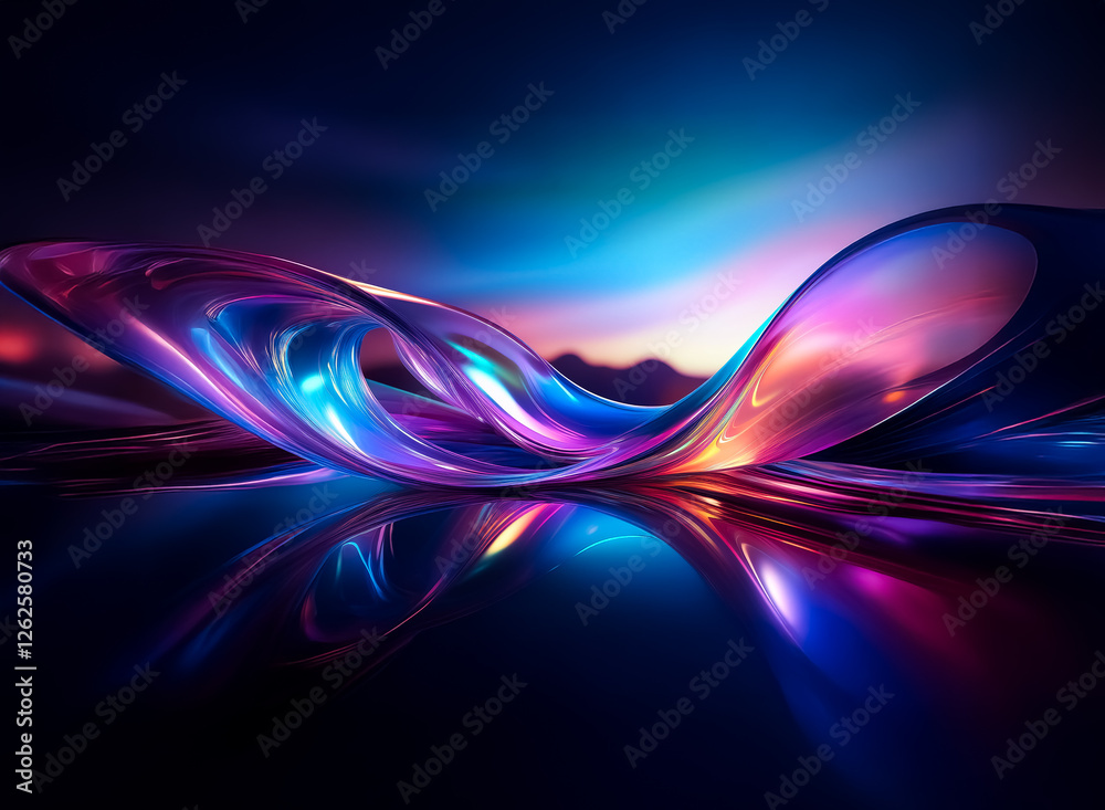 Aufkleber Iridescent wave form with smooth curves reflects vibrant hues under dramatic light against a dark backdrop, creating a futuristic abstract scene.