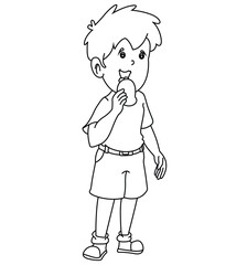 Cute cartoon hand drawn vector boy eating mango coloring page.