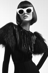 A striking fashion image featuring a model in dramatic attire with bold sunglasses and textured detailing.