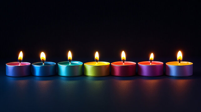 A row of vibrant colorful tealight candles burning against a dark background creating a warm and peaceful atmosphere with soft glowing light
