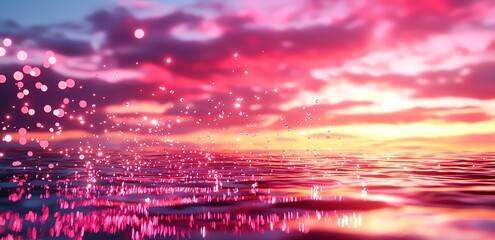 A stunning view of a vibrant sunset over a calm ocean, with pink and purple hues reflecting off the water, creating a serene and tranquil atmosphere perfect for relaxation.