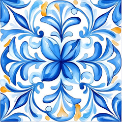 Watercolor artwork, blue and yellow azulejos tile Traditional Portuguese Mosaic