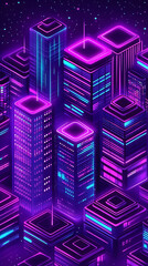 Fototapeta premium Neon cityscape at night, futuristic buildings glowing, stars visible, used for tech or fantasy backgrounds