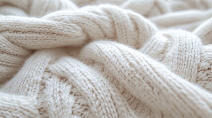 Fototapeta premium close-up of a white knitted wool texture, highlighting the soft, woven patterns for a cozy and natural fabric background.