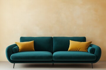 Stylish living room mockup featuring a dark teal sofa with yellow pillows against a warm beige wall creating a cozy atmosphere for relaxation and comfort