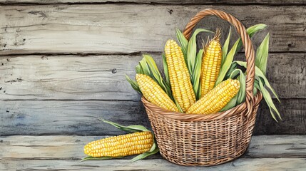 Watercolor Painting of Corn Cobs and Plants on White Background