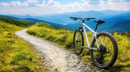 Obraz premium A scenic mountain biking trail winding through lush green hills under a bright blue sky.