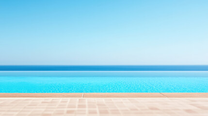 Fototapeta premium serene outdoor swimming pool with clear blue sky and ocean view, perfect for relaxation and leisure. tranquil atmosphere invites you to unwind and enjoy beauty of nature