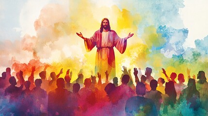 Watercolor artwork of Jesus Christ preaching to a crowd of devout followers