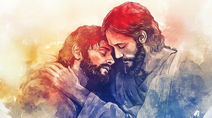 Serene Depiction of Jesus Christ Providing Comfort to a Grieving Individual in a Watercolor Painting