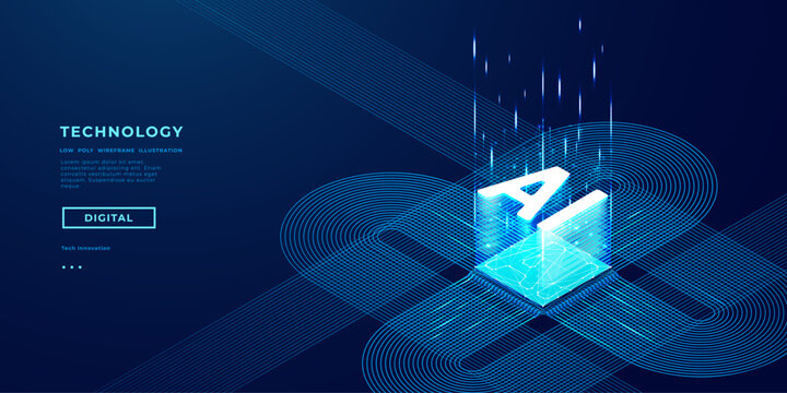 AI isometric futuristic chip with electric circuit wires on technology background. Artificial Intelligence hologram logo on light glowing semiconductor. Tech bg. Data flow. Vector illustration.