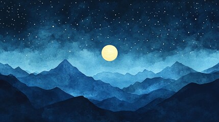Artistic Watercolor Depiction of Majestic Blue Mountains Underneath a Clear Sky and a Light Pink Sun