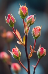 Red rose buds covered in snow on a winter bush
