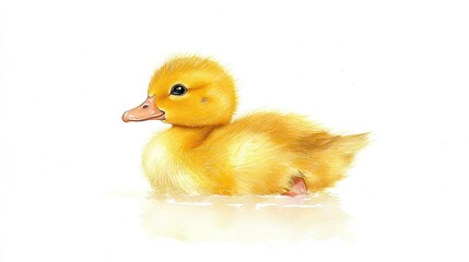 Cute yellow duckling swimming, white background, nursery decor