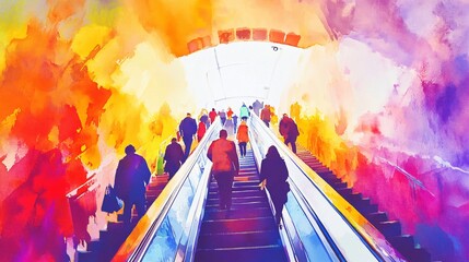 Watercolor Painting of People Ascending a Vibrant Escalator Conveys Motion and Humanity in Urban Environments