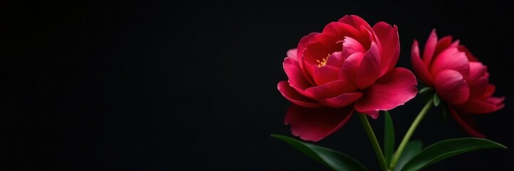 Fototapeta premium Deep red peonies against stark black backdrop, plant, bud, petals