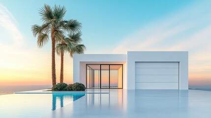 Modern villa, ocean sunset, poolside, palm trees, luxury home