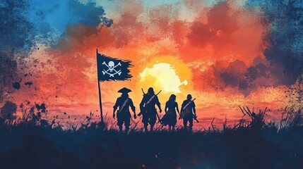 Vibrant Watercolor Depiction of Swashbuckling Pirates Venturing Towards a Serene Sunset