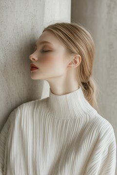 White sweater in high neck style, model facing right with blonde hair and closed eyes, leaning against wall in an indoor environment, showcasing soft lighting and natural tones. Quiet luxury concept.