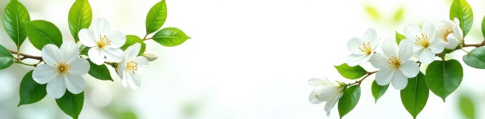 Obraz premium Delicate jasmine blossoms and lush green leaves isolated on white , fragrant, image, beauty