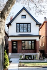 Obraz premium Stunning modern home in an urban neighborhood showcasing elegant architecture and well-maintained landscaping on a sunny day