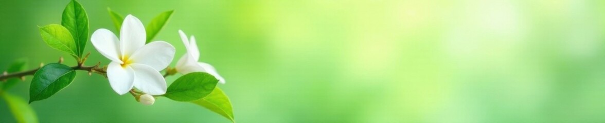 Naklejka premium Delicate jasmine blossoms & leaves, vibrant green, soft pastel background, bloom, spring