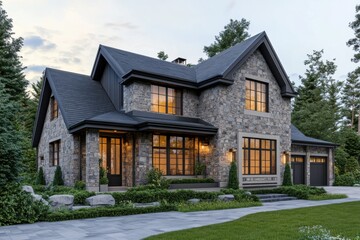 Charming two-story stone house with large windows and inviting landscape during evening time, surrounded by trees and greenery