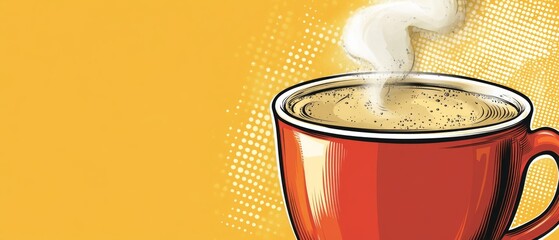 A vibrant red cup filled with steaming coffee sits on a yellow background, evoking a sense of warmth and comfort perfect for morning