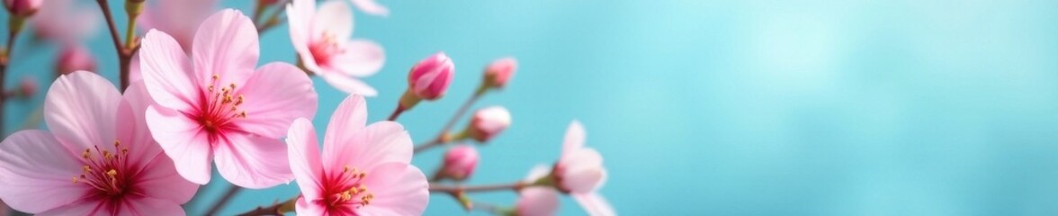 Obraz premium Delicate pink & white blooms, vibrant spring bouquet against a serene blue backdrop , background, blue background