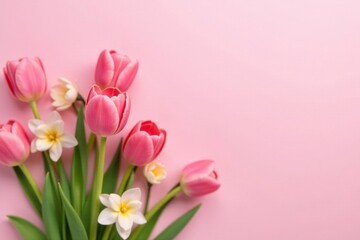 Fototapeta premium Delicate pink tulips & daffodils bloom on soft pink backdrop, illustration, blossom
