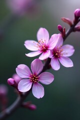 Delicate purple blossoms gently sway on a branch , detail, spring