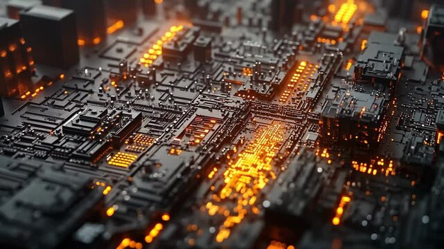 Intricate circuitry with glowing elements showcases advanced technology in a futuristic digital landscape
