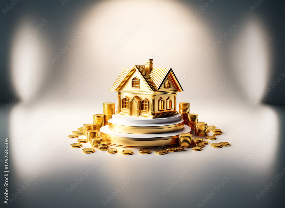 Poster golden house model on a platform surrounded by gold coins, symbolizing wealth and prosperity. invest